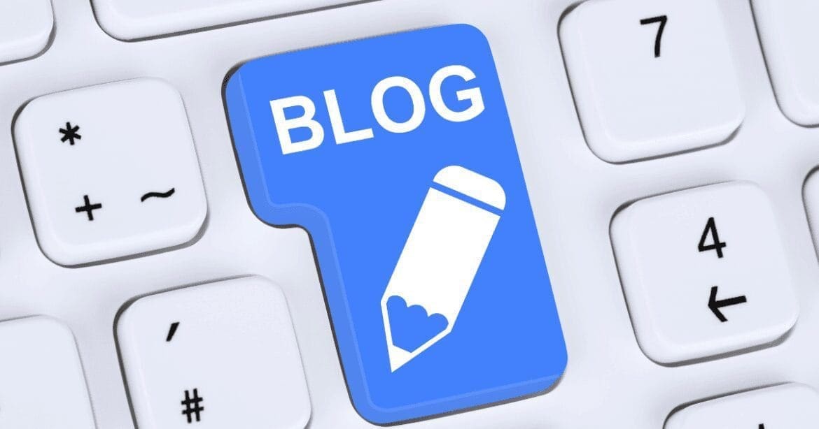A computer keyboard with a bright blue key labeled "BLOG," featuring a pencil icon. This emphasizes the concept of blogging or creating written content for websites.successful blogging and vlogging