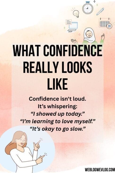 Illustration featuring two women—one celebrating productivity with icons like a clock, calendar, and lightbulb, and another pointing upward confidently. The text overlay reads “What Confidence Really Looks Like,” followed by gentle affirmations such as “I showed up today” and “It’s okay to go slow.” The background has a warm pink watercolor texture, with the blog URL “weblogwevlog.com” at the bottom. SEO keywords included: confidence, self-love, affirmations, inner strength.