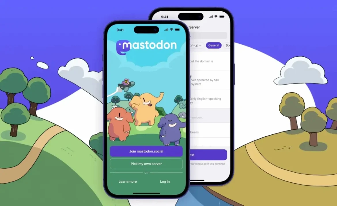 The Mastodon app is shown on two screens, one displaying the login interface and the other showing the main feed.