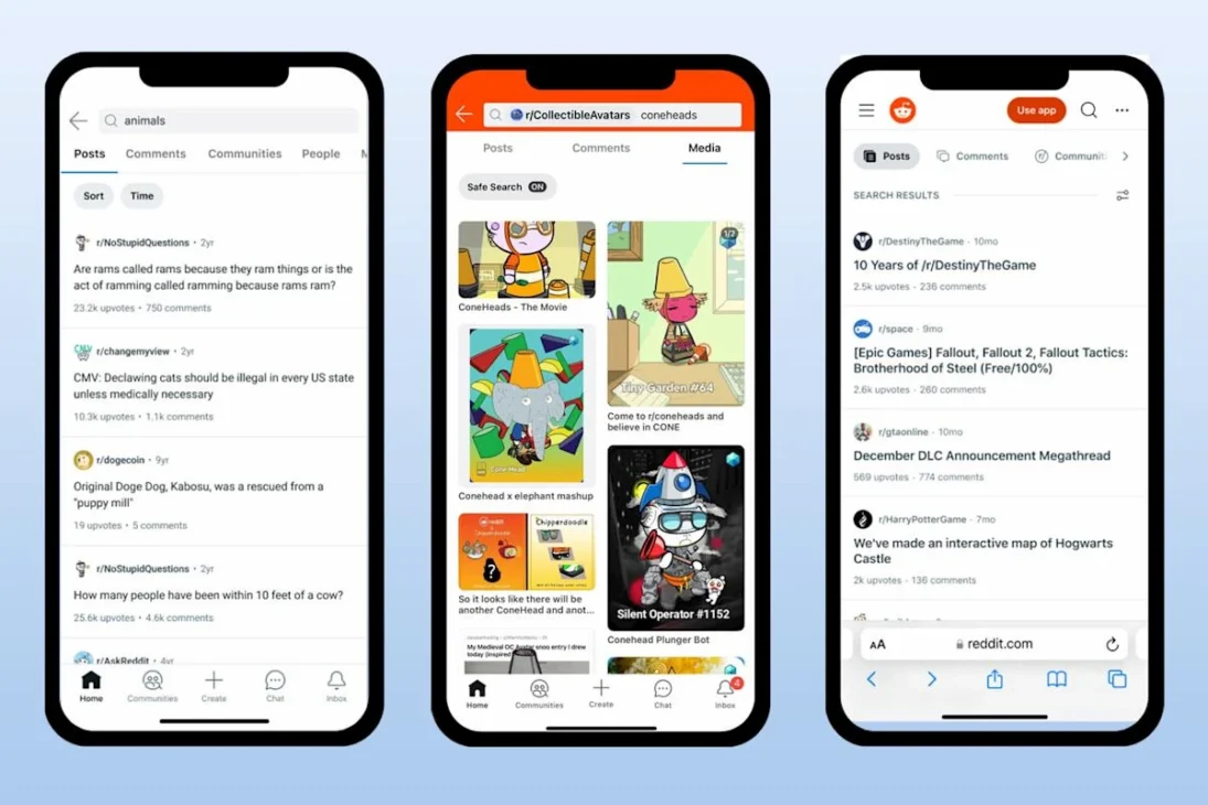 Three smartphone screens displaying different Reddit feeds, showing a mix of posts, images, and community discussions across multiple subreddits.