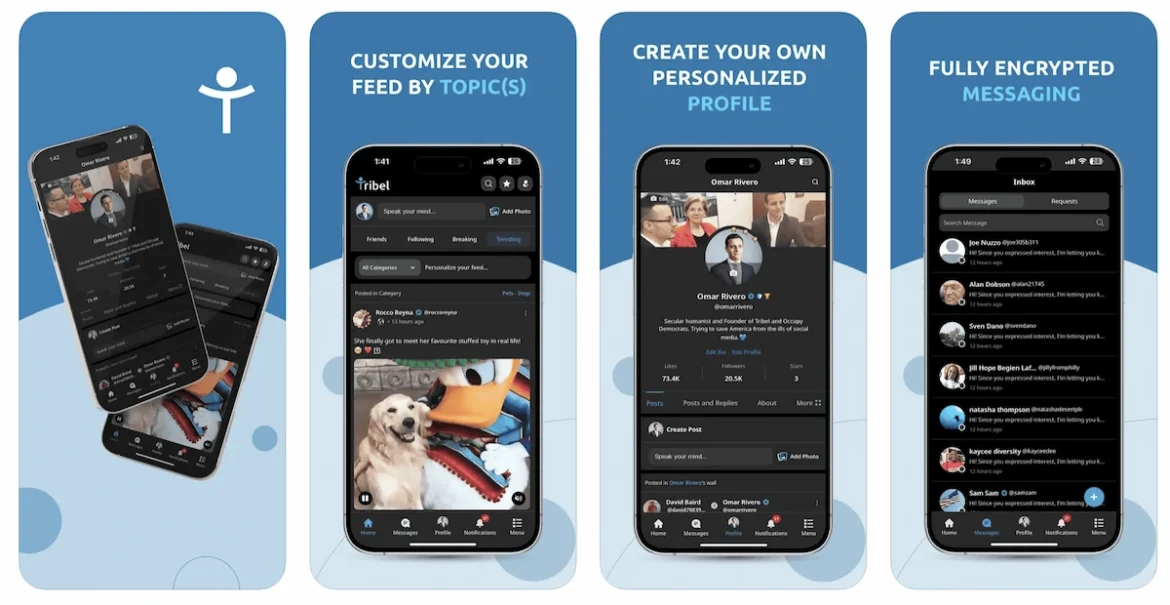 Four smartphone screens displaying Tribel app feeds, showing interest-based posts, community interactions, and a curated user timeline.