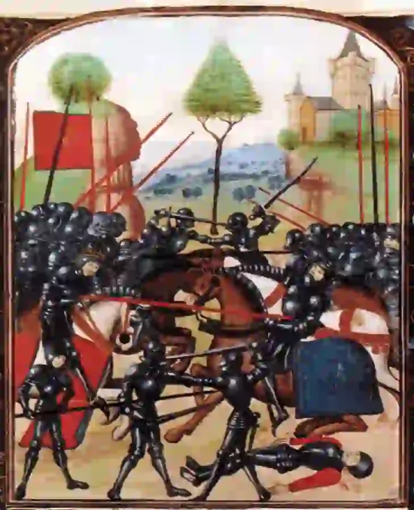 The Battle of Barnet, where Warwick was killed. Edward IV can be seen on the left, wearing a crown, and Warwick on the right, being pierced by a lance. In reality, Edward did not kill Warwick. Photo: Wikimedia Commons