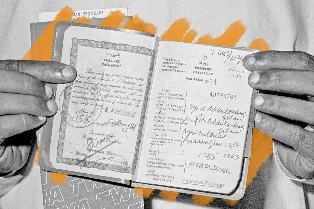 Black and white photo of an old passport from the early 20th century.