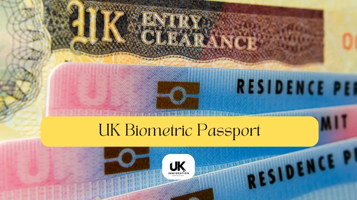 Close-up of a UK biometric passport open to the photo page, highlighting holograms, laser-engraved text, and the embedded microchip symbol.