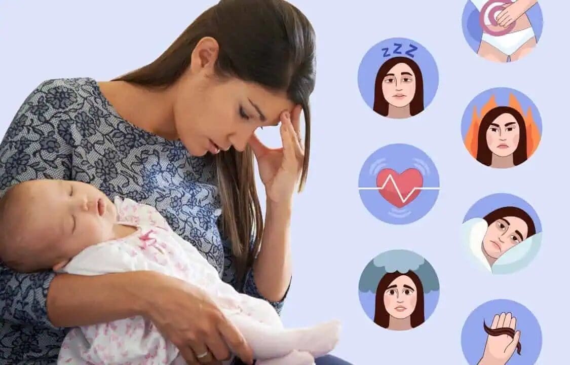 Illustration of a postpartum mother experiencing hormonal imbalance symptoms, including insomnia, anxiety, extreme fatigue, hair loss, abnormal bowel movements, and brain fog. she has a sleeping baby in her arms.