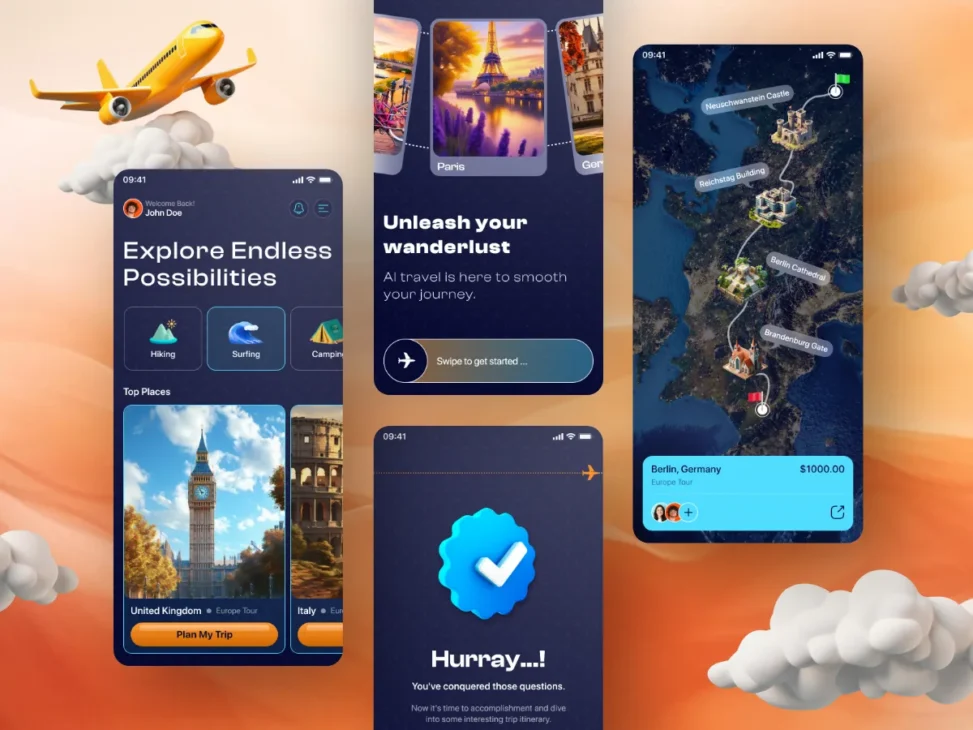 A digital composite showing several smartphone screens displaying an AI travel planning app interface with destination options, an interactive map, and confirmation screens, all set against a backdrop of clouds and a stylized yellow airplane.