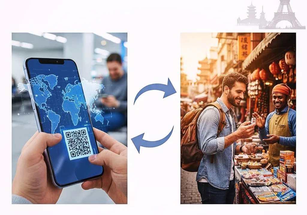 Instant connectivity with an eSIM, activated by scanning a QR code on a smartphone, often done before or immediately upon landing. Right: The traditional route, purchasing a physical SIM card from a friendly local vendor in a bustling marketplace.