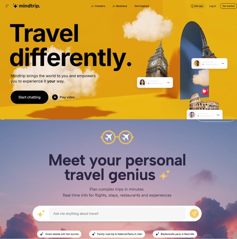 A split web page graphic featuring a yellow top section with the text "Travel differently" and icons of famous landmarks, and a blue bottom section with the text "Meet your personal travel genius" and travel planning prompts.