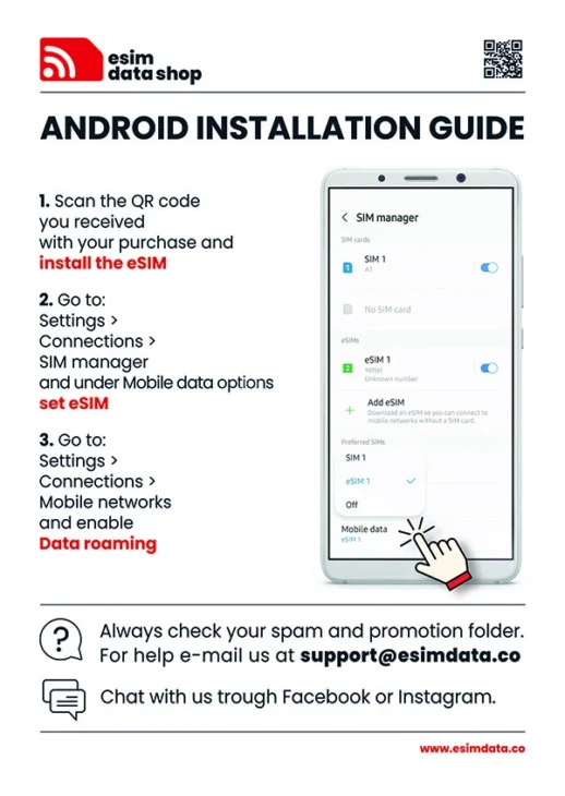 A step-by-step Android installation guide shown on a poster: QR code scan to install eSIM, with a smartphone displaying the SIM manager screen and a large hand graphic tapping the screen. The bottom includes support email and social media icons.