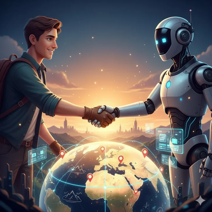 A friendly human traveler with a backpack shakes hands with a sleek, futuristic robot over a glowing globe, surrounded by digital interface elements and a city skyline at sunset.