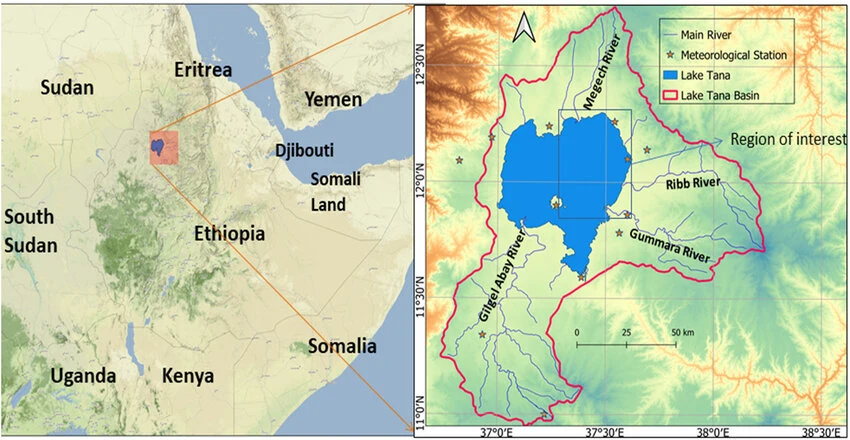 A map of the Horn of Africa highlighting the location of Lake Tana in Ethiopia, with its basin outlined in red, major tributaries marked in blue, and meteorological stations indicated across the region.