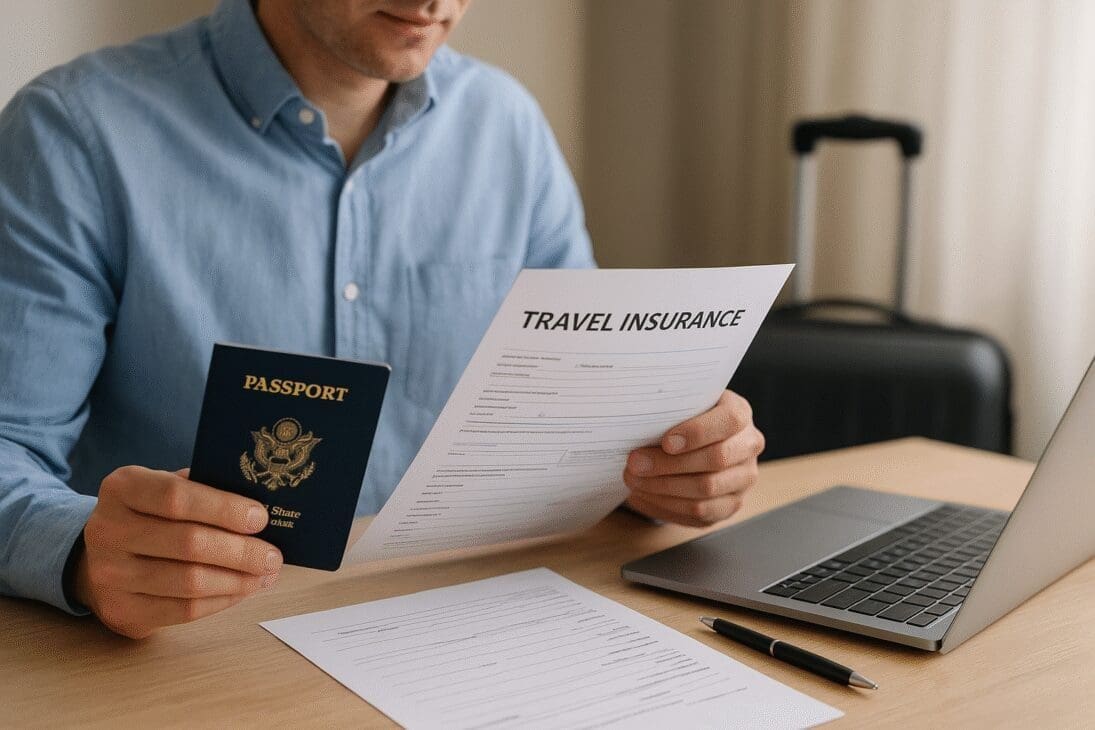 A person holding their passport while carefully reviewing a "Travel Insurance" document on a desk next to a laptop and a suitcase. This illustrates the necessary step of checking Travel Insurance Basics and contract details before a trip.