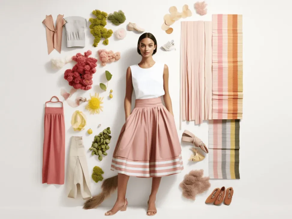 Flat lay of matte cotton, linen, washed silk, and lightweight wool fabric swatches alongside coordinating travel outfits, showing textures that photograph well.