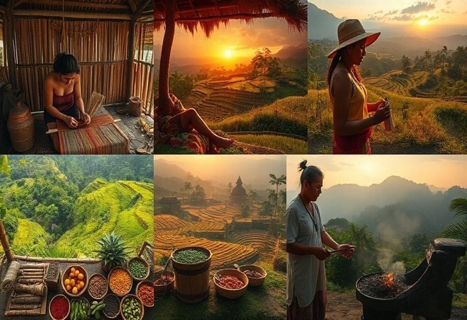 A collage of travelers experiencing Bali villages life — weaving, farming rice, cooking local food, tasting coffee, joining a craft class, and walking through rice terraces.