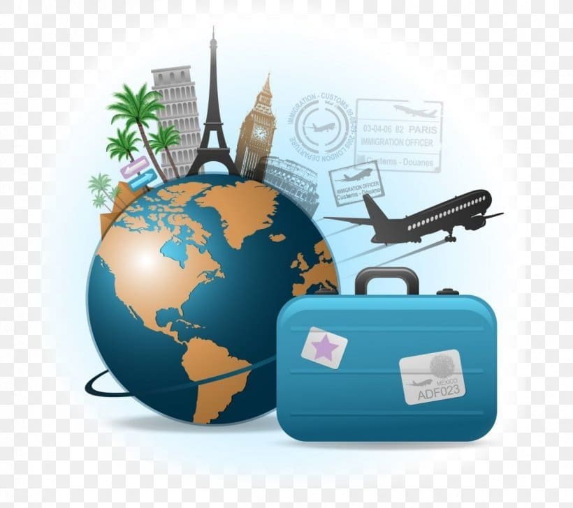 Graphic illustration of global travel, featuring the Earth surrounded by famous landmarks, an airplane, and a blue suitcase, symbolizing the need for Travel Insurance Basics coverage for worldwide trips and valuables.