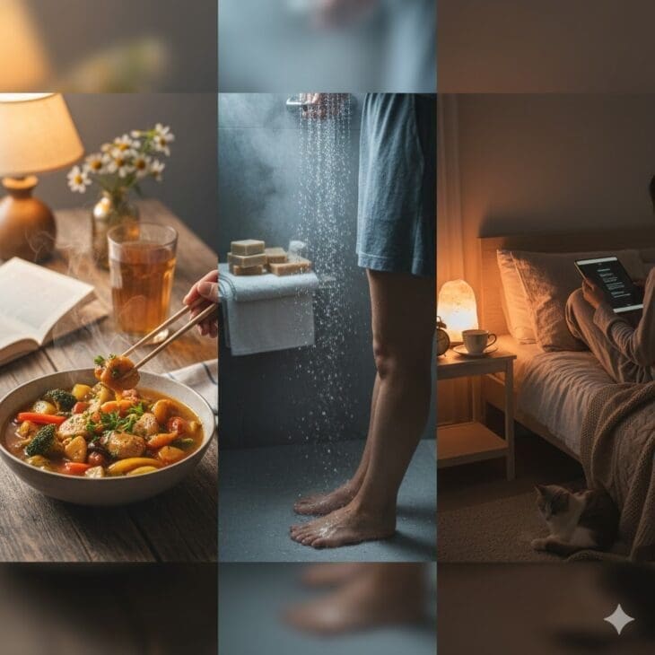 A triptych showing three scenes of a calming evening routine designed to help recover after long flight: a warm, grounding dinner with steam rising from a bowl of stew and a cup of tea next to a book and lamp; a person's legs and feet under a warm shower; and a person relaxing in bed with dim lighting, reading a tablet, with a cat nearby.