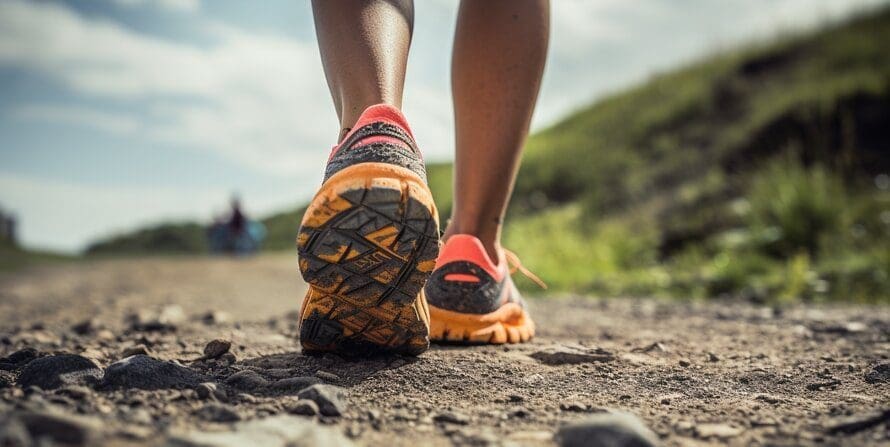 Person walking in supportive trekking-style walking shoes on a trail, highlighting stability and comfort during a walk.