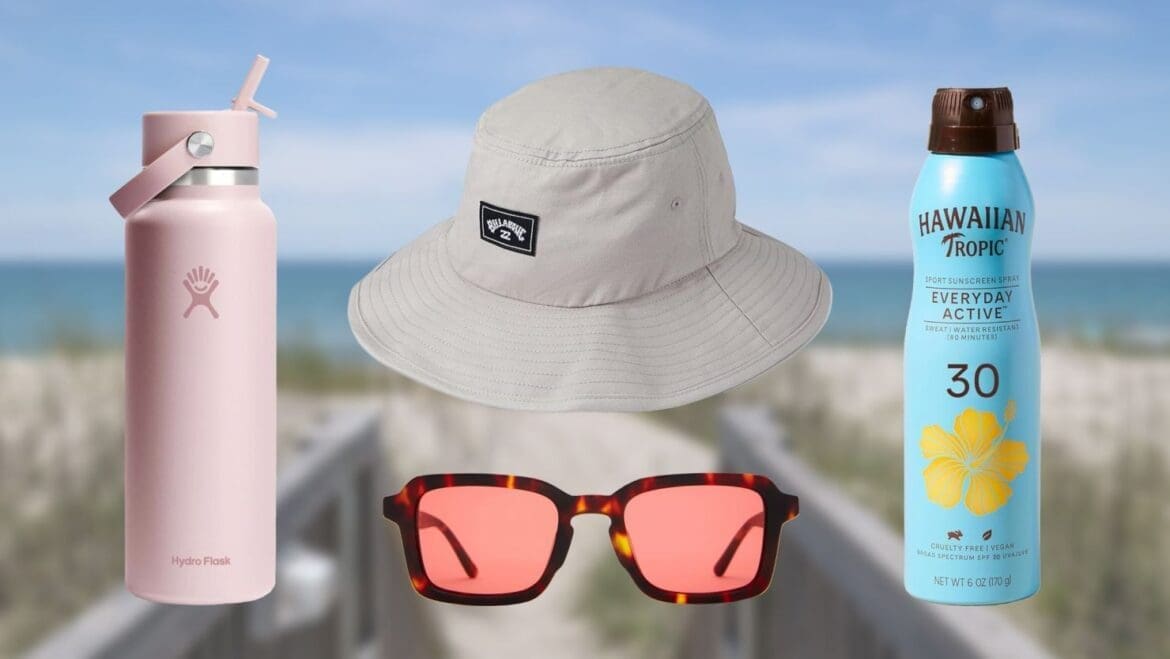 Flat-lay of walking essentials including water bottle, breathable walking shoes, sunscreen, sunglasses, and moisture-wicking socks for a comfortable walk.