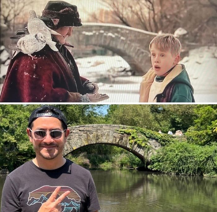 Famous film location tours of a traveler recreates the iconic Home Alone scene in New York, stepping into movie magic firsthand.